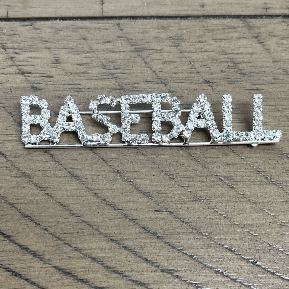 Baseball Brooch NIP rhinestone word, Baseball, represent your team, 2.75 x .5”
